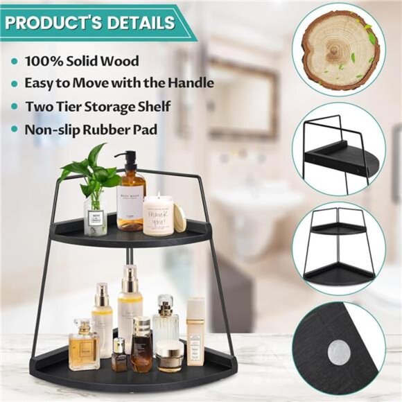2 Tier Bathroom Counter Organizer, Wood Bathroom Organizer Countertop, Corner - Picture 5 of 7